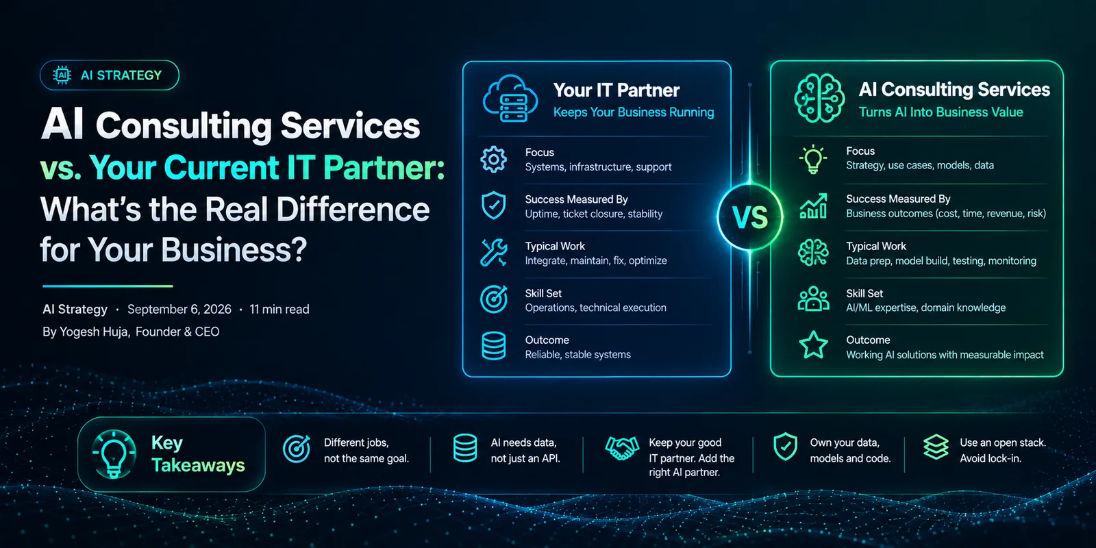 AI consulting services vs your current IT partner — comparing focus, success metrics, and typical work