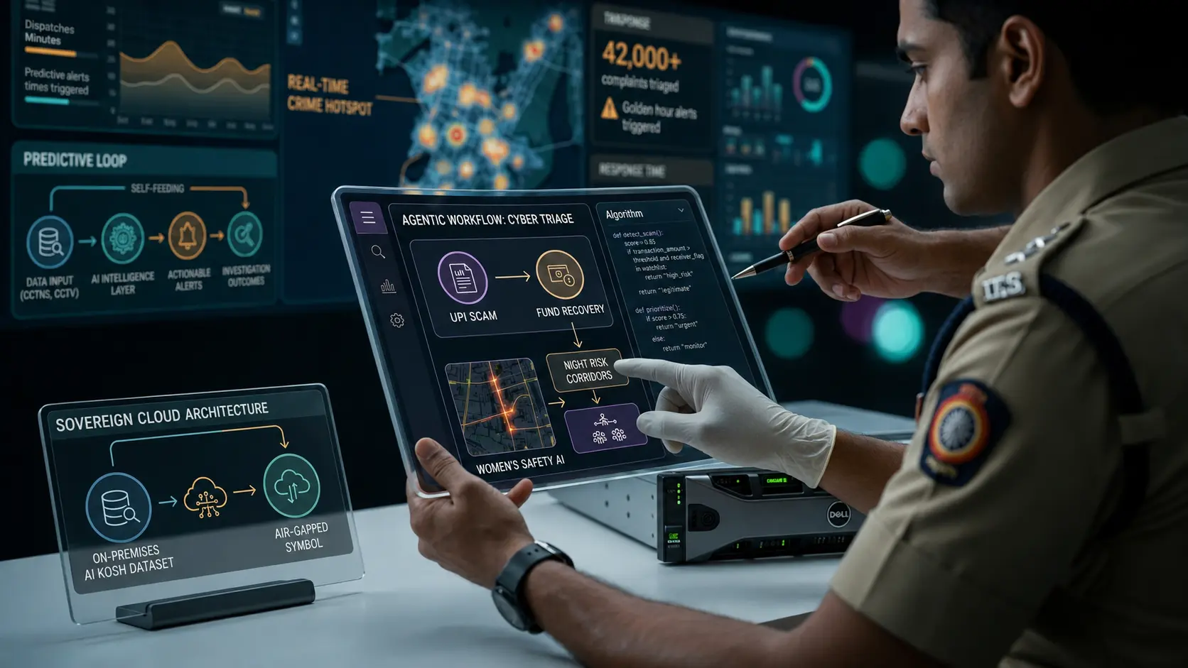 Police officer using an AI-powered agentic crime dashboard on a tablet with sovereign cloud architecture visible