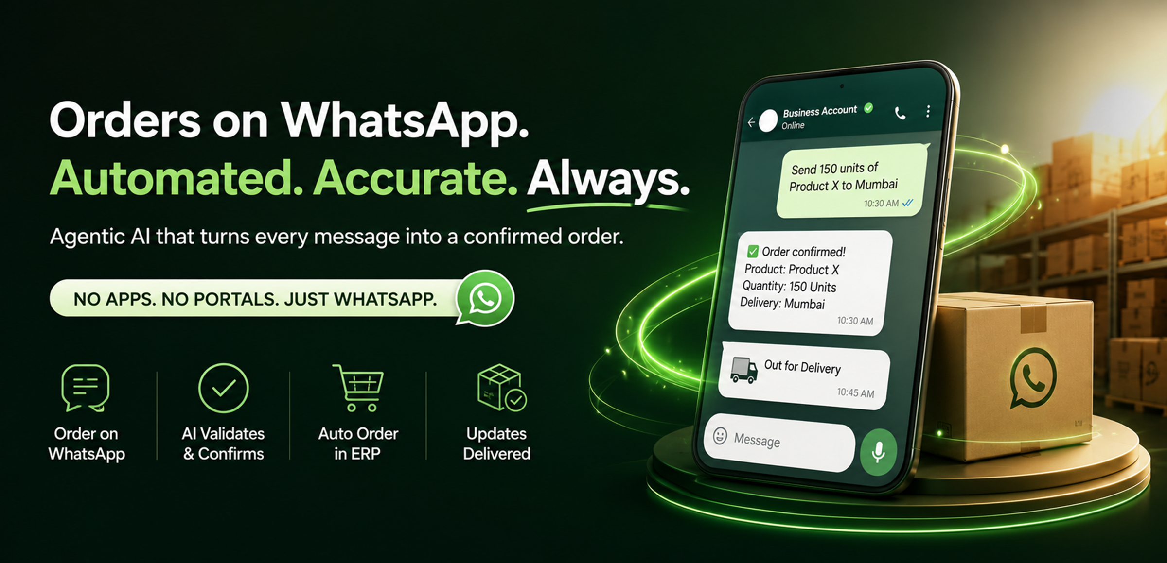 WhatsApp B2B Commerce Bot — Orders on WhatsApp. Automated. Accurate. Always.